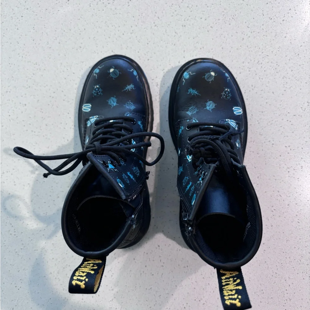 Dr. Martens Kids Black Boots with Teal Bug Print